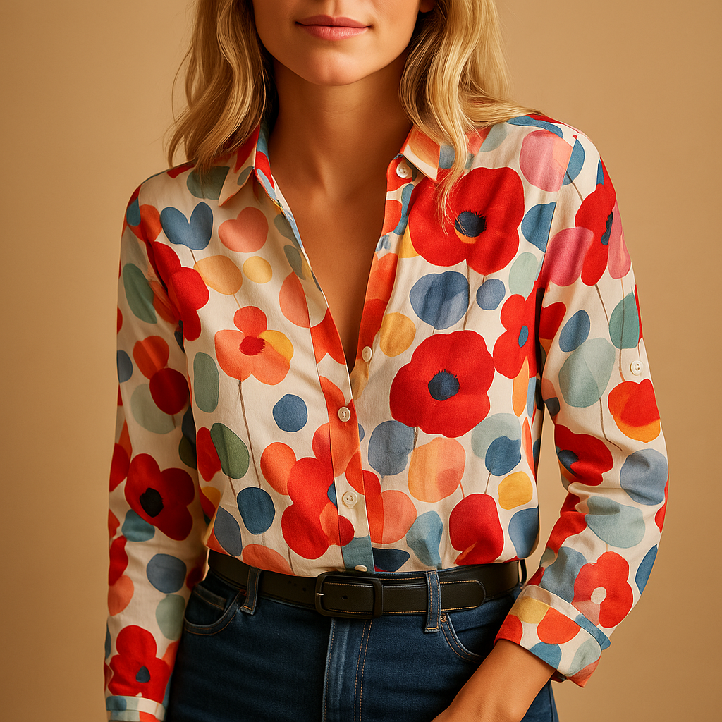 Red floral blouse with long sleeves for women