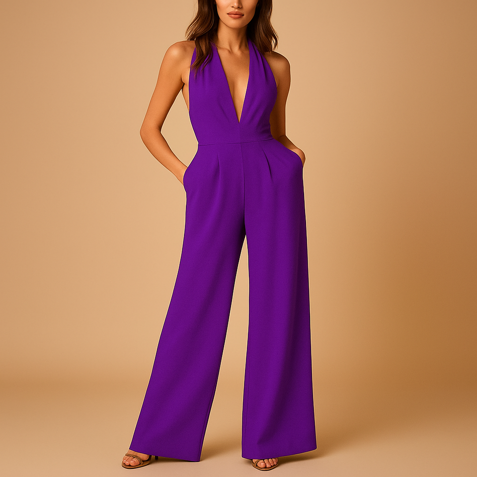 Backless sleeveless jumpsuit with V-neck for women.