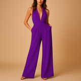 Backless sleeveless jumpsuit with V-neck for women.