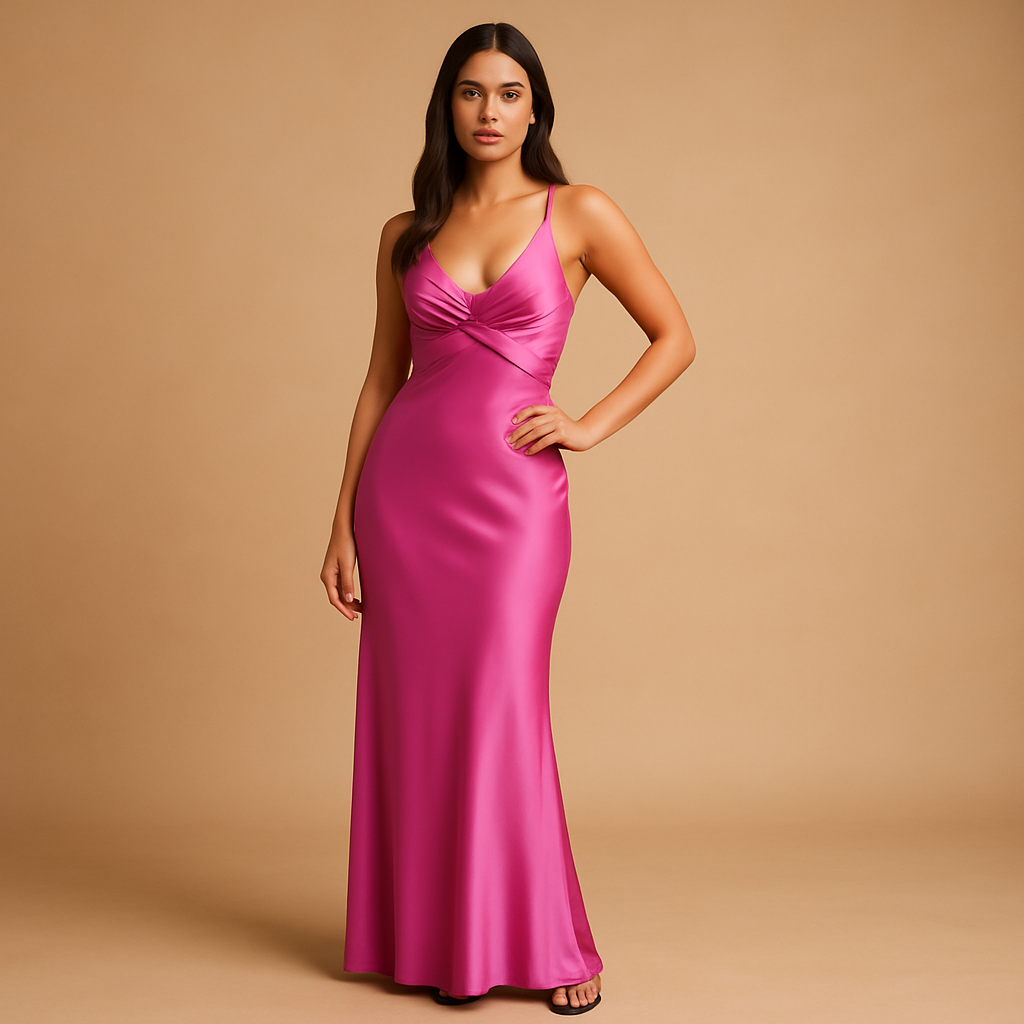 Satin sleeveless evening dress with halter neck for women.