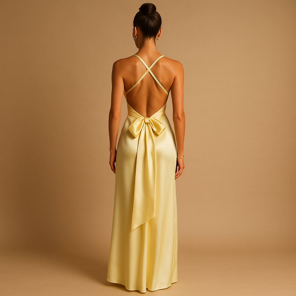 Satin sleeveless evening dress with halter neck for women.