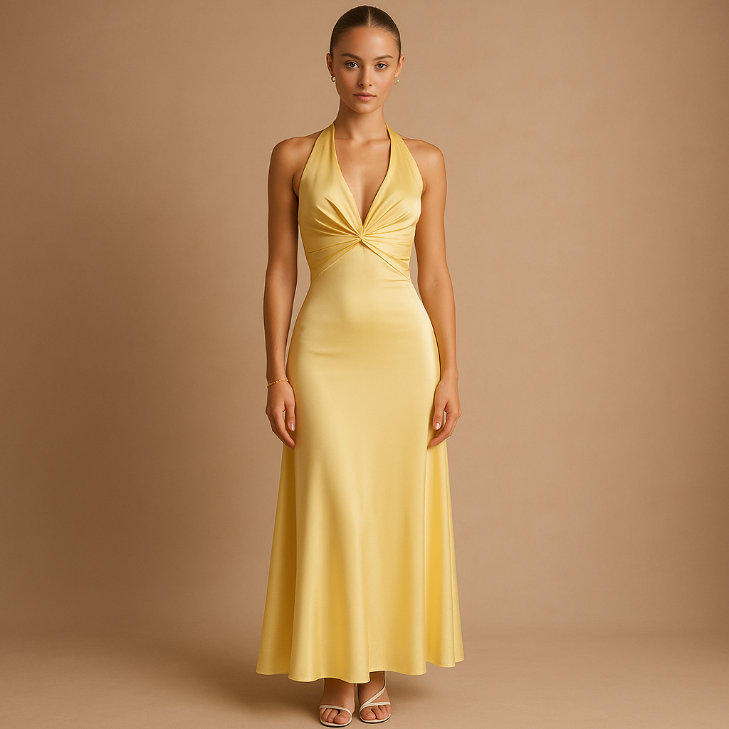 Satin sleeveless evening dress with halter neck for women.