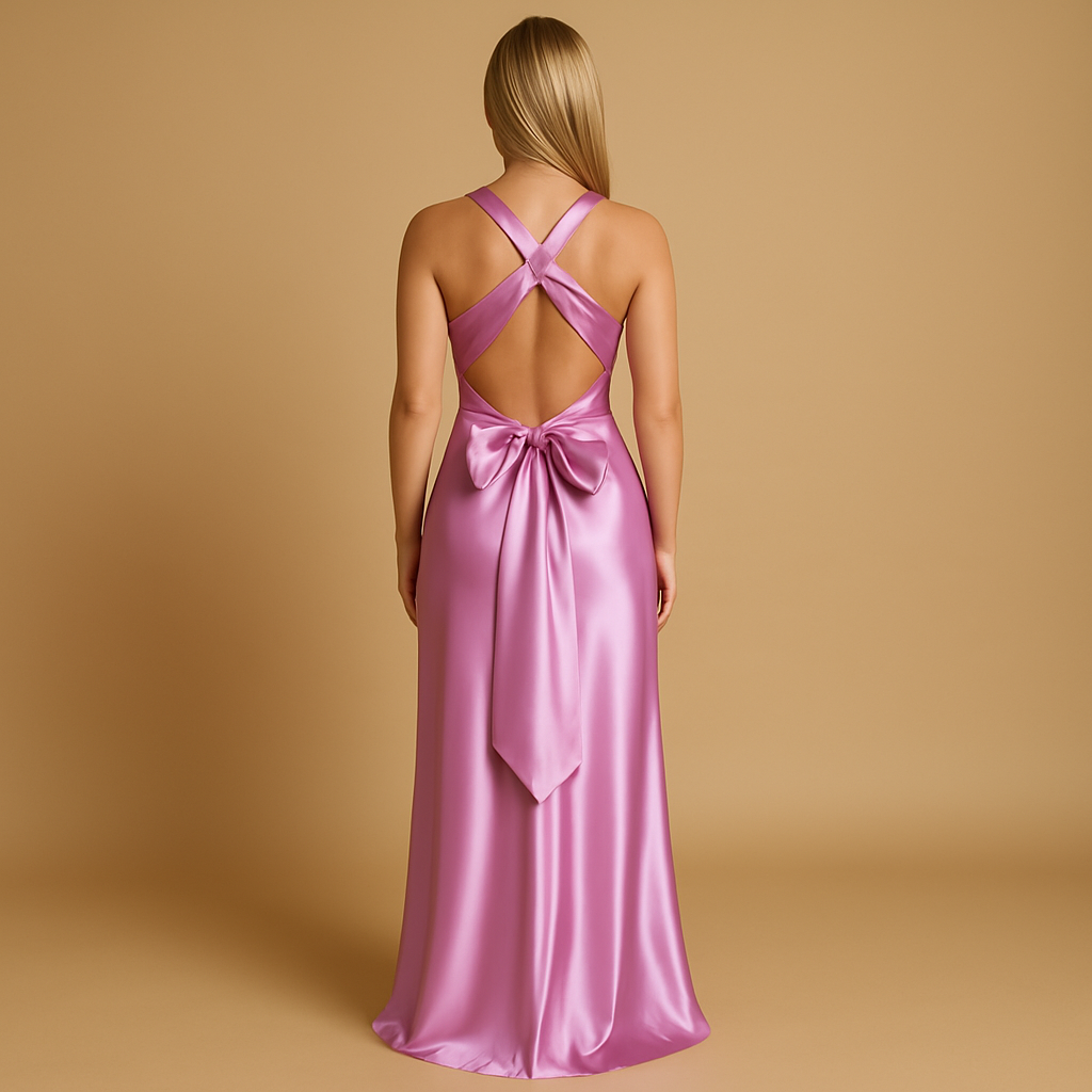 Satin sleeveless evening dress with halter neck for women.