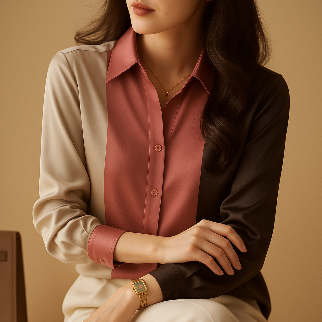 Satin blouse with patchwork stripes for women