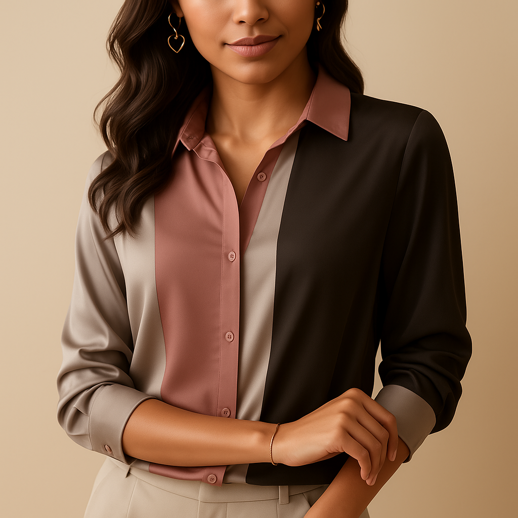 Satin blouse with patchwork stripes for women