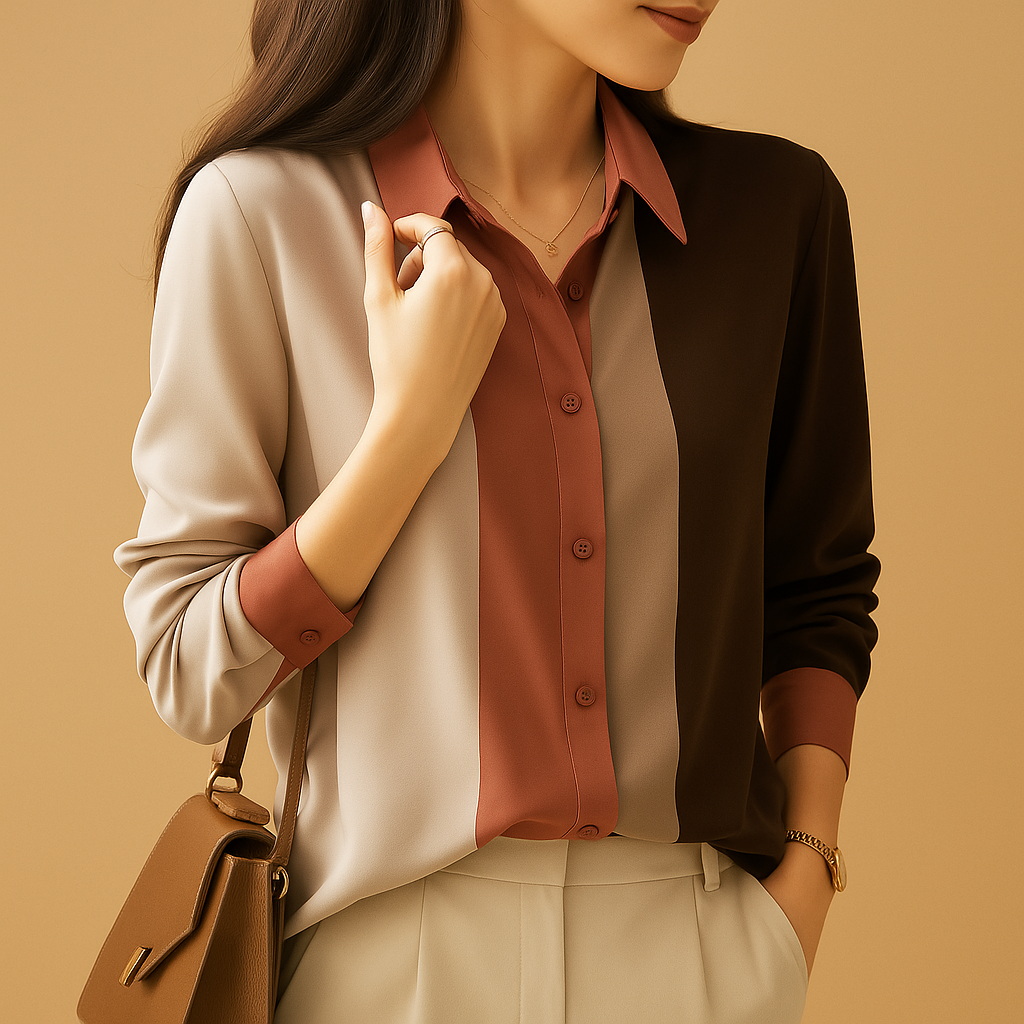 Satin blouse with patchwork stripes for women