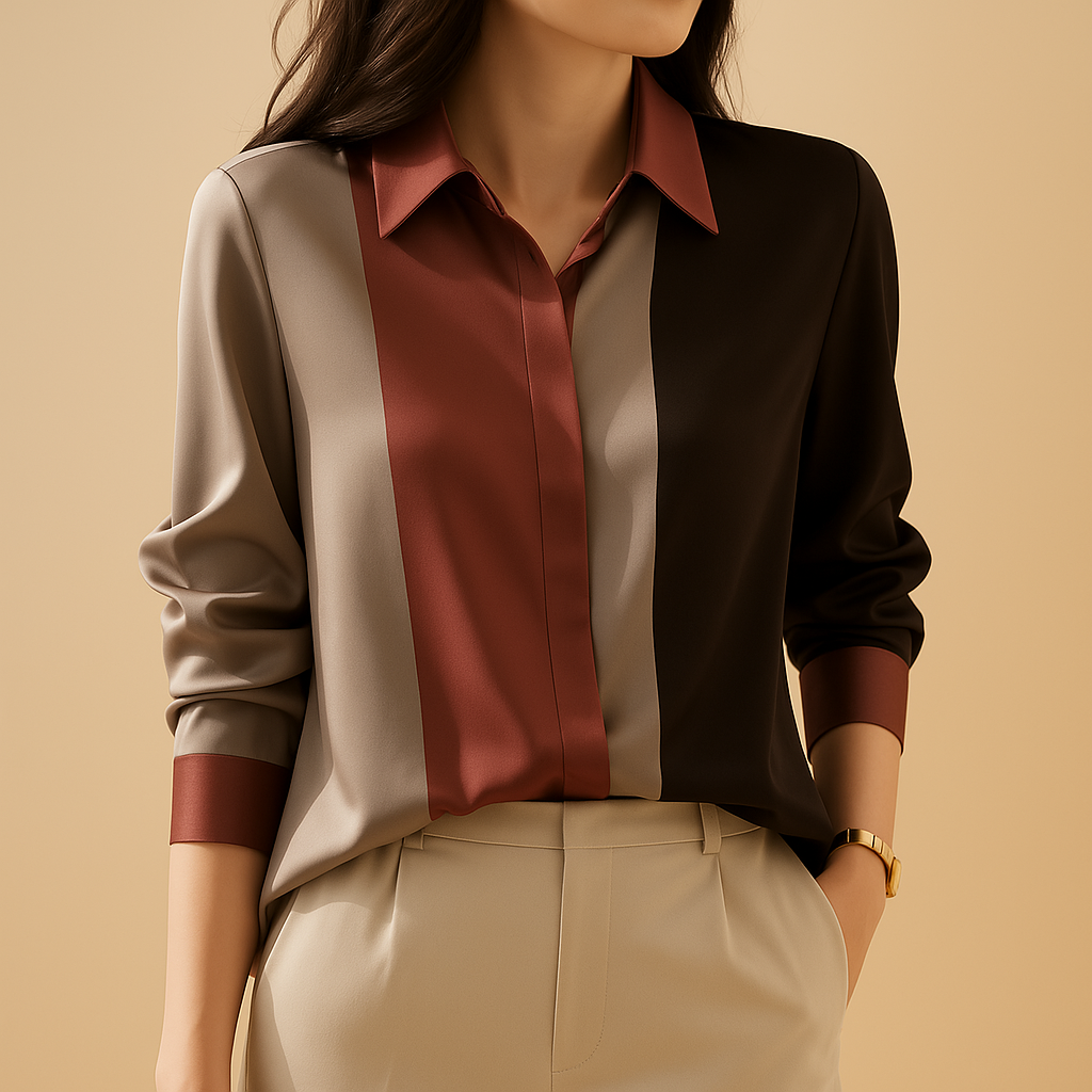 Satin blouse with patchwork stripes for women