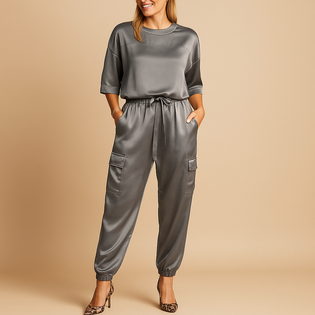 Satin two-piece set with half-sleeve top for women.