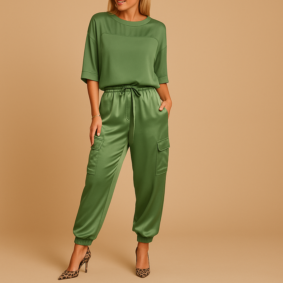 Satin two-piece set with half-sleeve top for women.