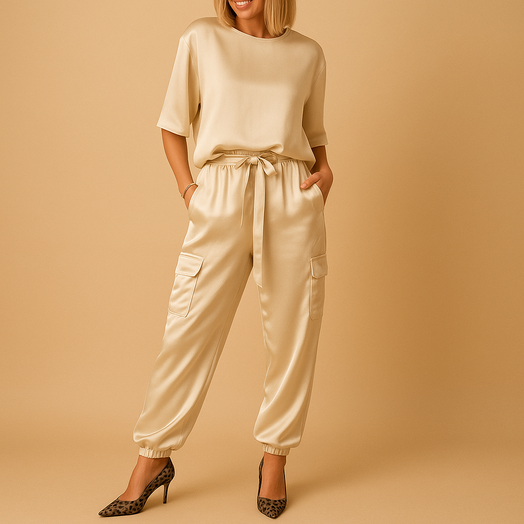 Satin two-piece set with half-sleeve top for women.