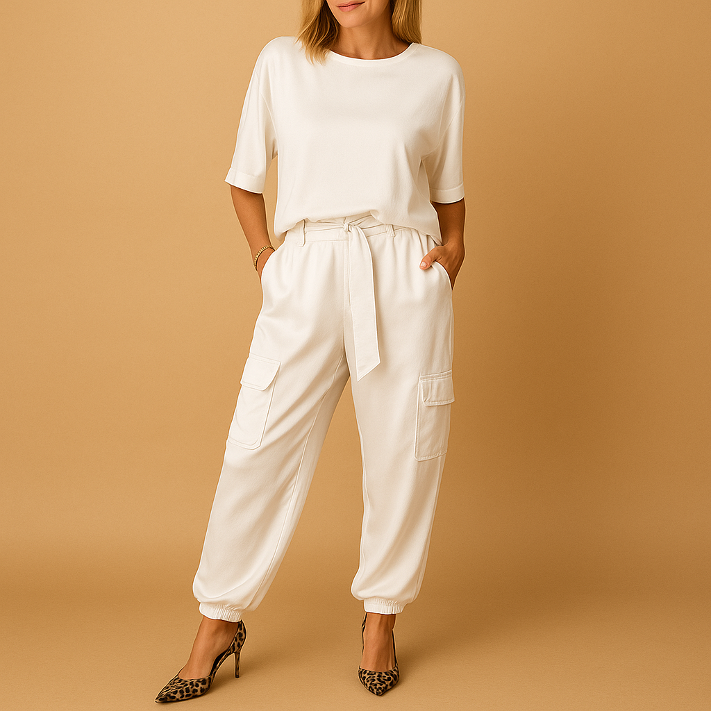Satin two-piece set with half-sleeve top for women.