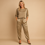 Satin two-piece set with half-sleeve top for women.