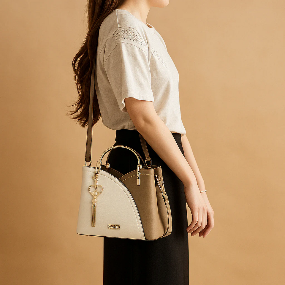 Shoulder bag with geometric pattern and adjustable strap for women.