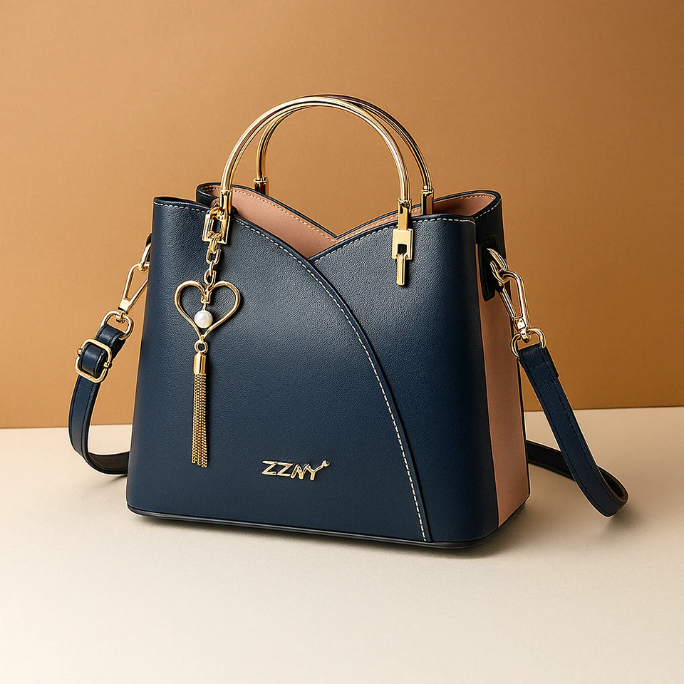 Shoulder bag with geometric pattern and adjustable strap for women.