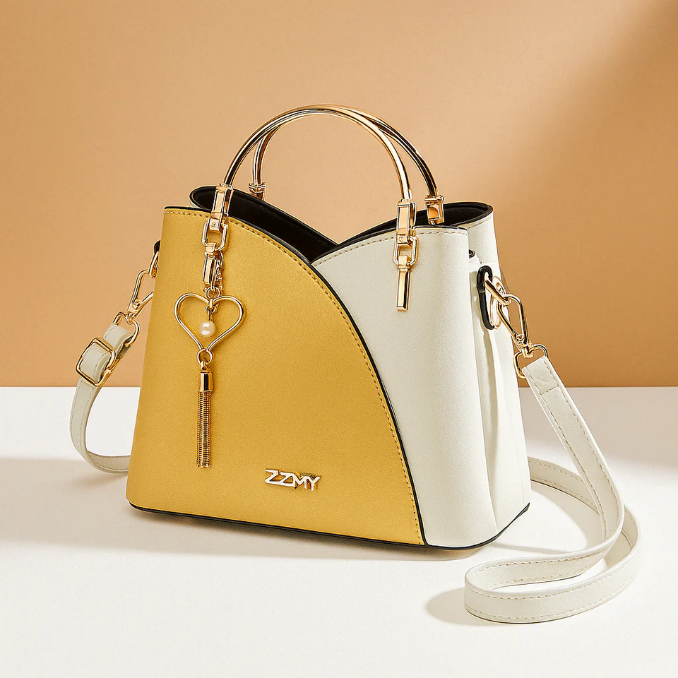 Shoulder bag with geometric pattern and adjustable strap for women.