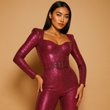 Shiny festive jumpsuit with long sleeves for women.