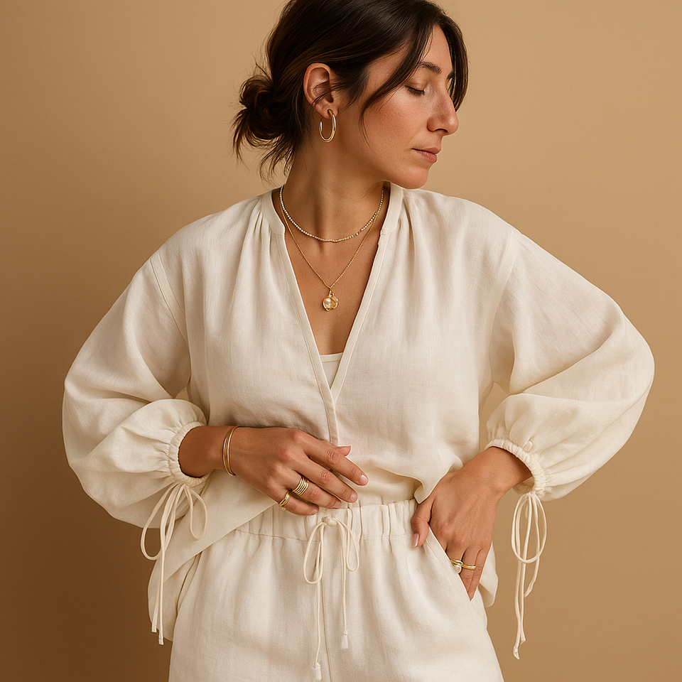 Women's V-neck top and shorts with ruffles.