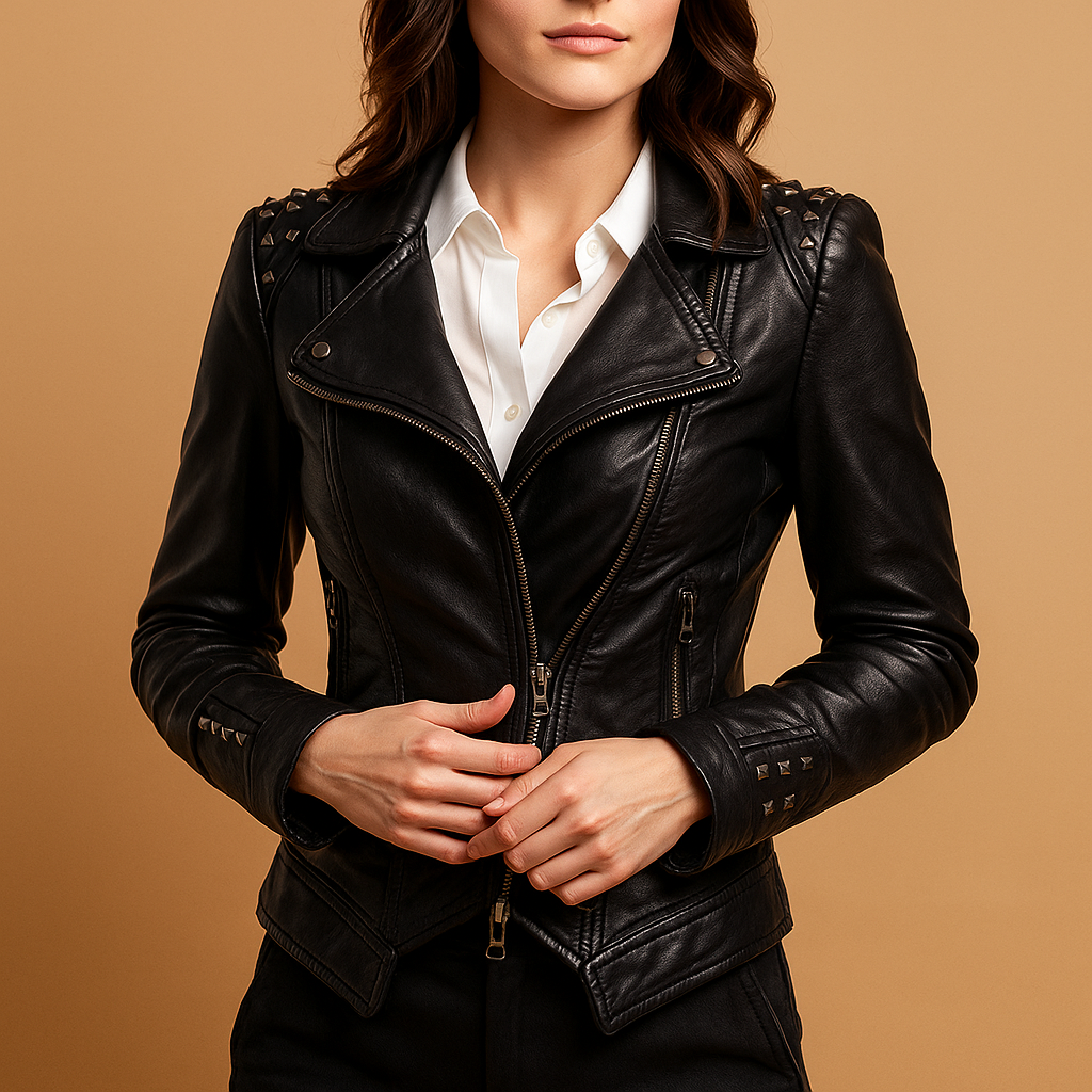 Slim-fit leather jacket for women with gothic details