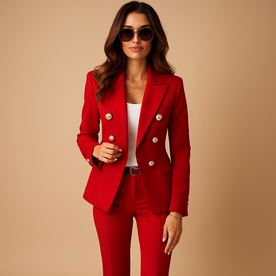 Stylish women's suit with blazer and trousers.