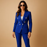 Stylish women's suit with blazer and trousers.