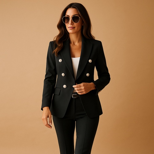 Stylish women's suit with blazer and trousers.
