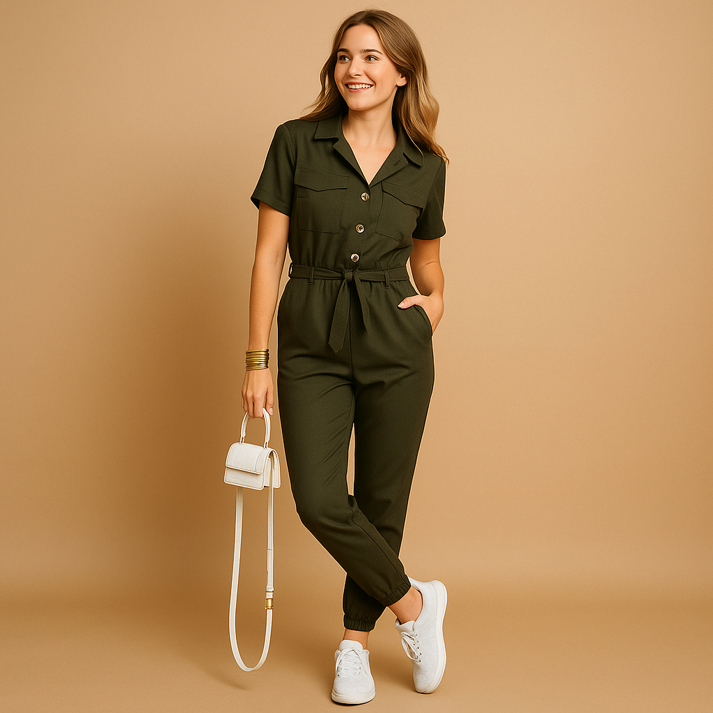 Fitted jumpsuit with V-neck and cargo pockets for women.