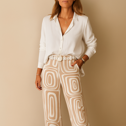Timeless women's set with long-sleeved blouse and pants.