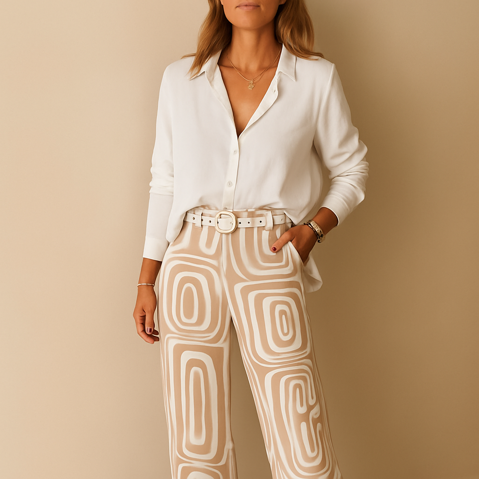 Timeless women's set with long-sleeved blouse and pants.