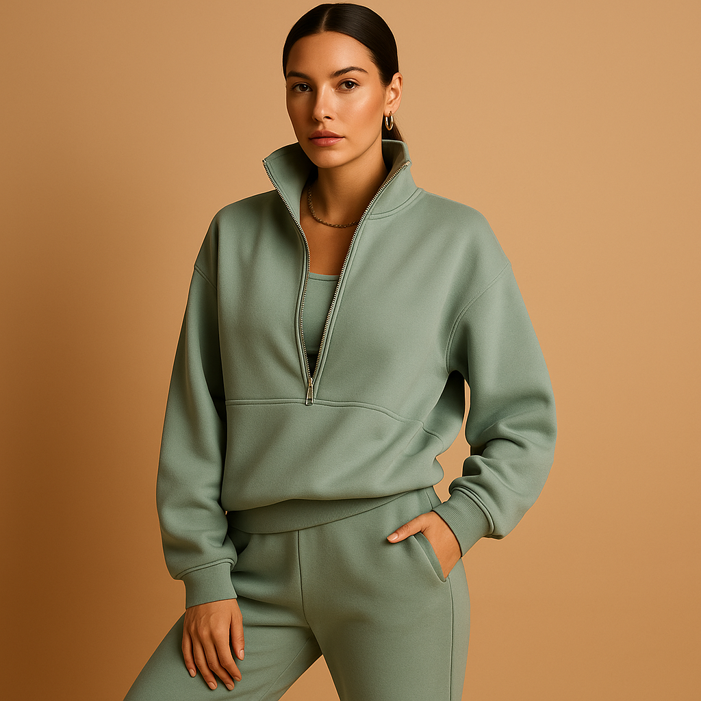Two-piece jogging suit with half zipper for women.