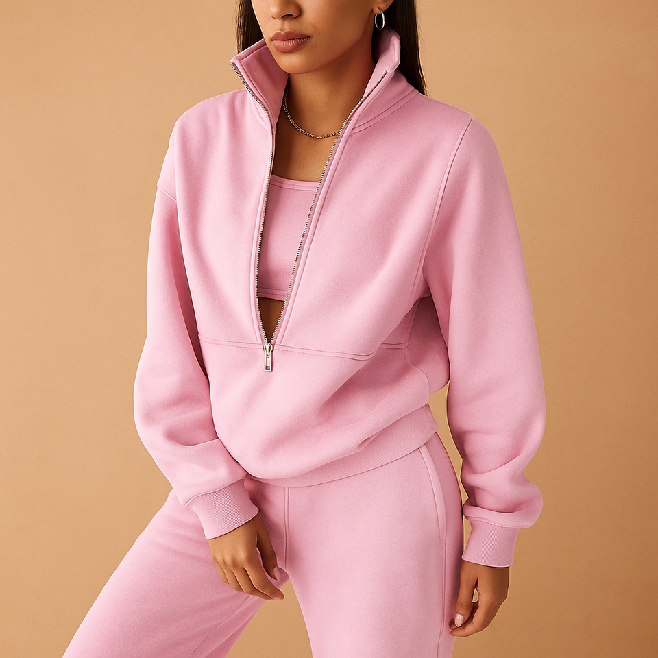 Two-piece jogging suit with half zipper for women.