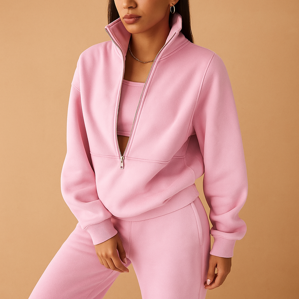 Two-piece jogging suit with half zipper for women.
