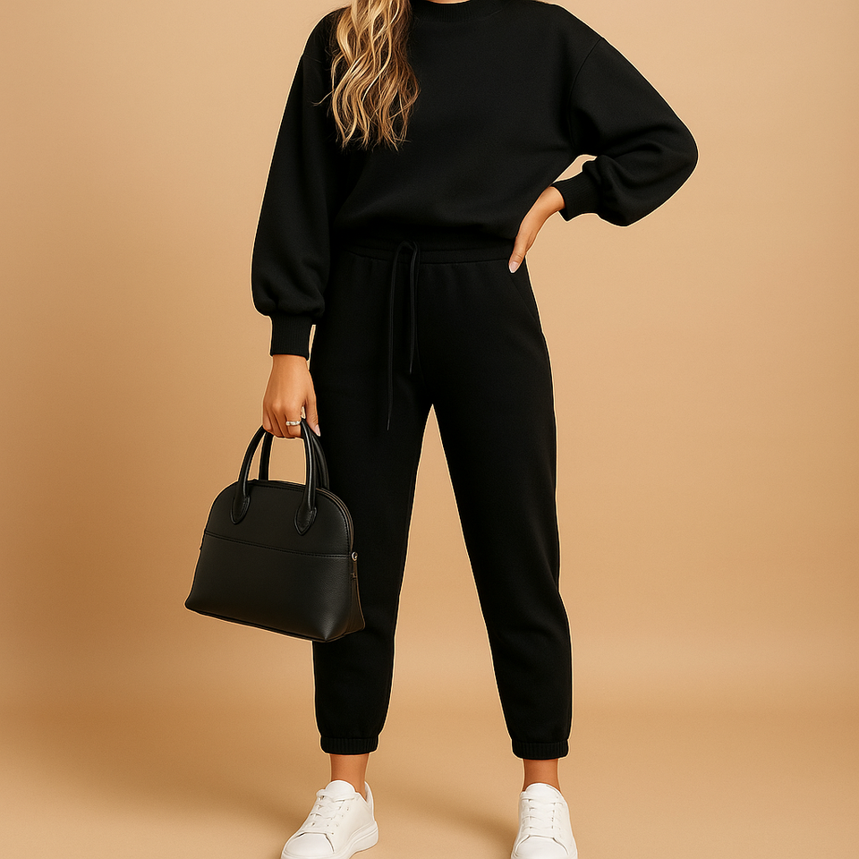 Two-piece women's tracksuit with a high collar and elastic waist.