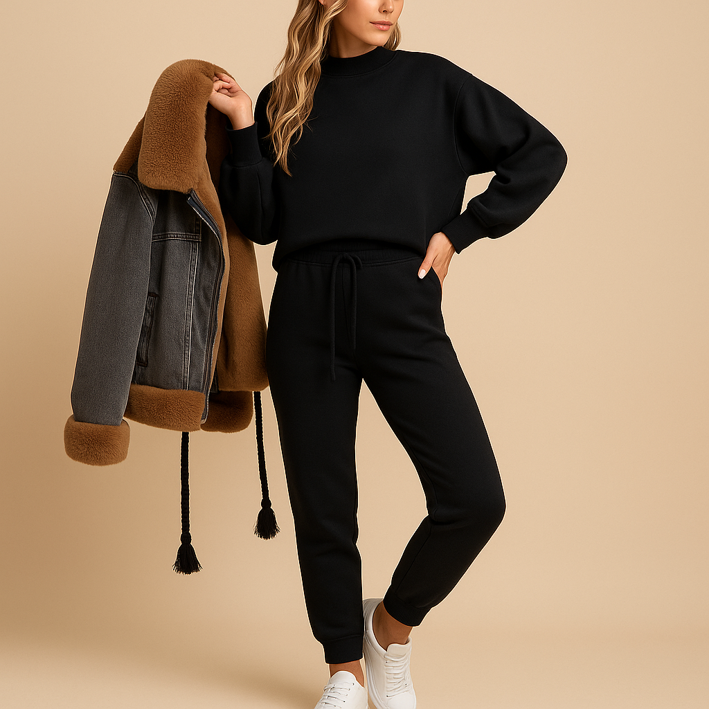 Two-piece women's tracksuit with a high collar and elastic waist.