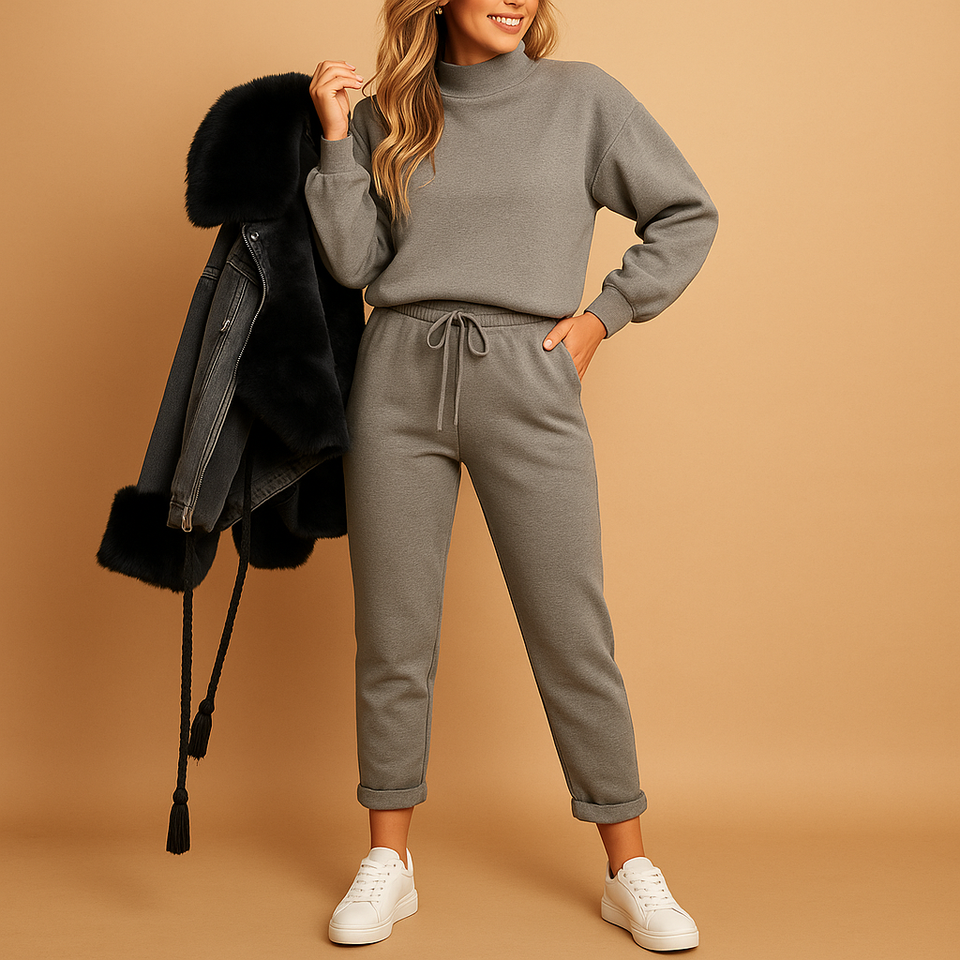 Two-piece women's tracksuit with a high collar and elastic waist.
