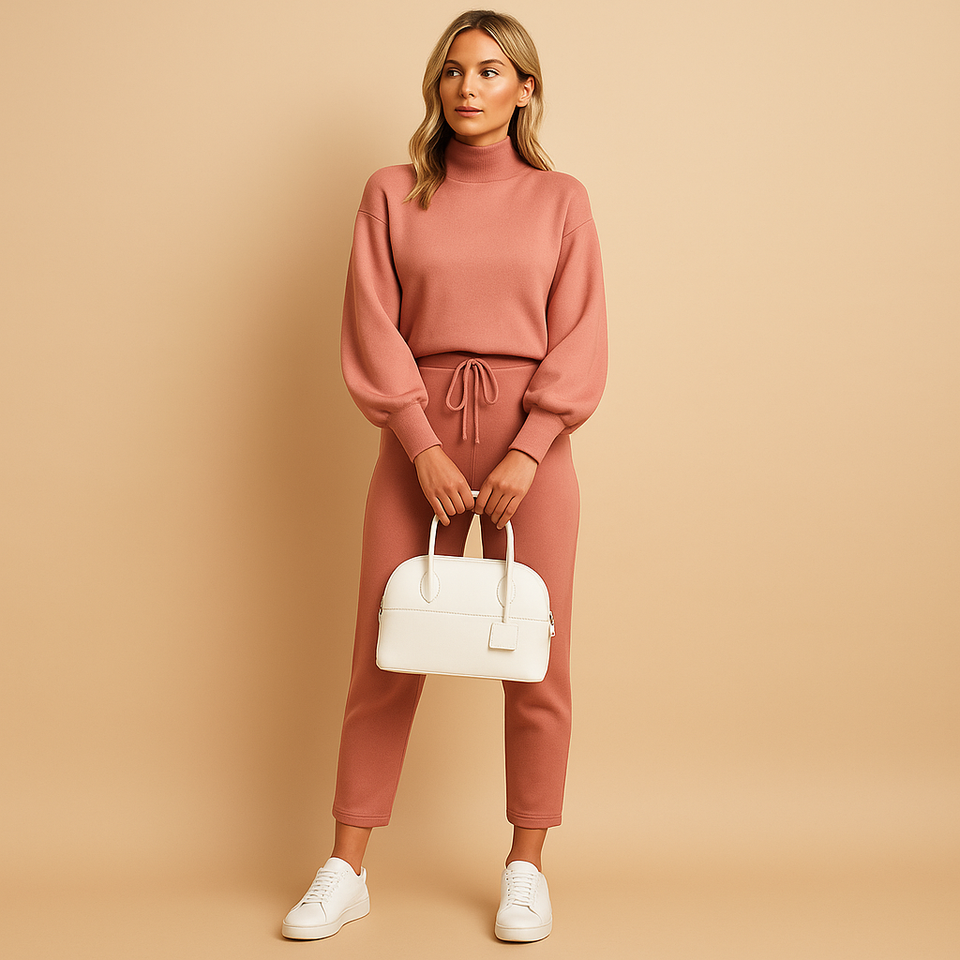 Two-piece women's tracksuit with a high collar and elastic waist.