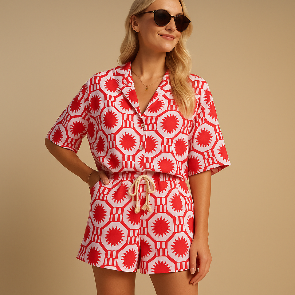 Two-piece summer suit with floral print and elastic waistband for women.