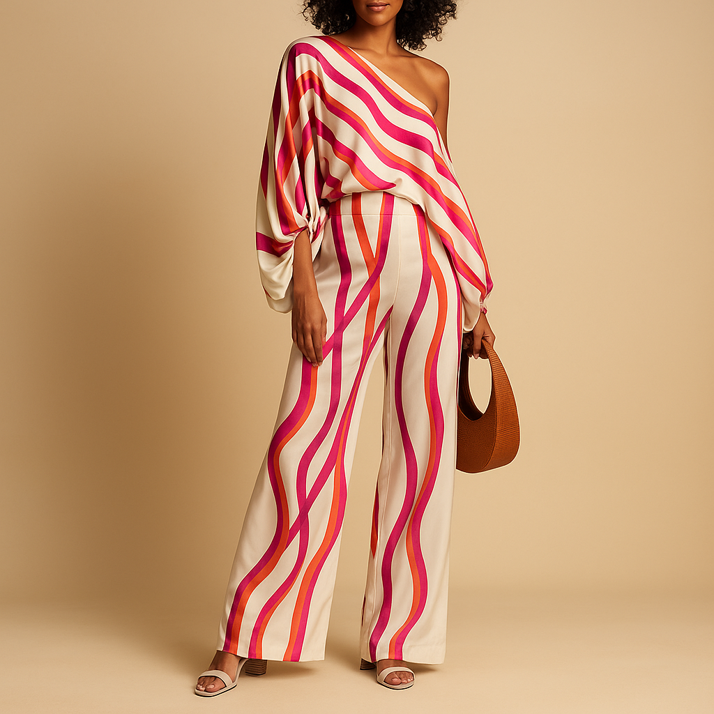 Two-piece summer outfit with off-shoulder top for women.