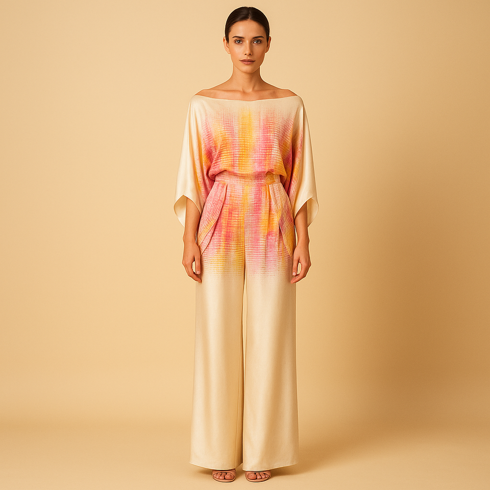 Two-piece summer outfit with off-shoulder top for women.