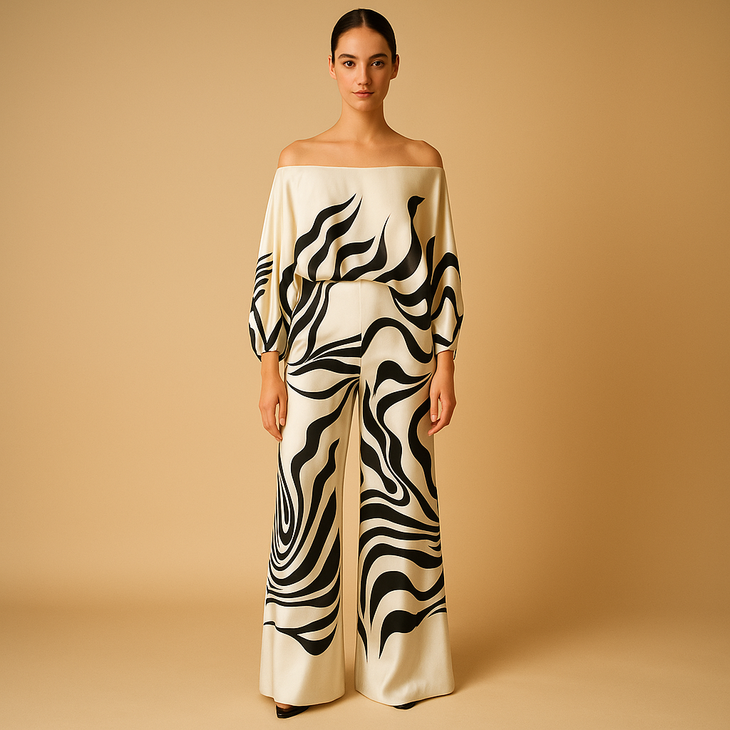 Two-piece summer outfit with off-shoulder top for women.