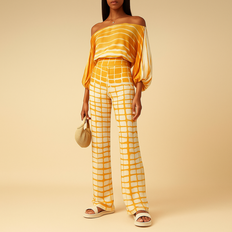 Two-piece summer outfit with off-shoulder top for women.