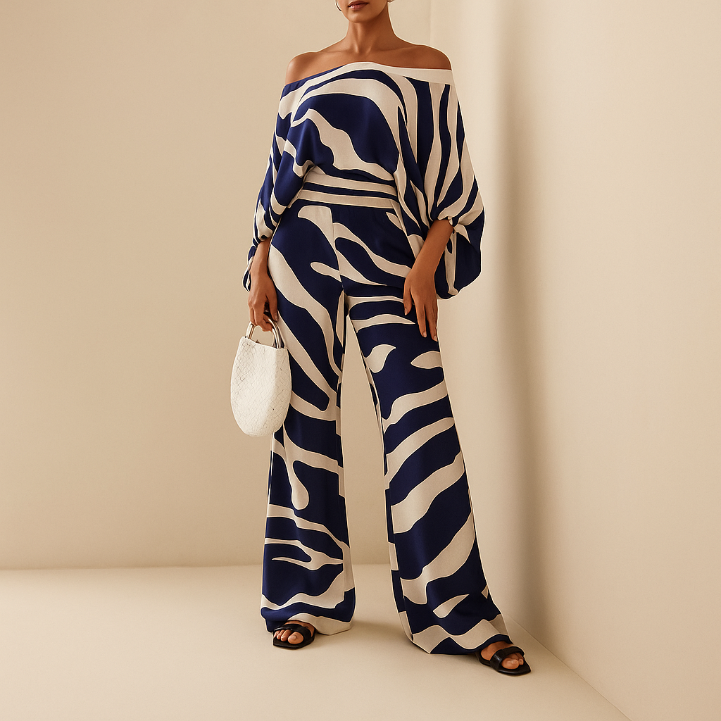 Two-piece summer outfit with off-shoulder top for women.
