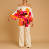 Two-piece summer outfit with off-shoulder top for women.