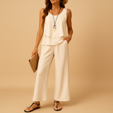 Two-piece summer set with sleeveless top and breezy pants for women.