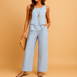 Two-piece summer set with sleeveless top and breezy pants for women.