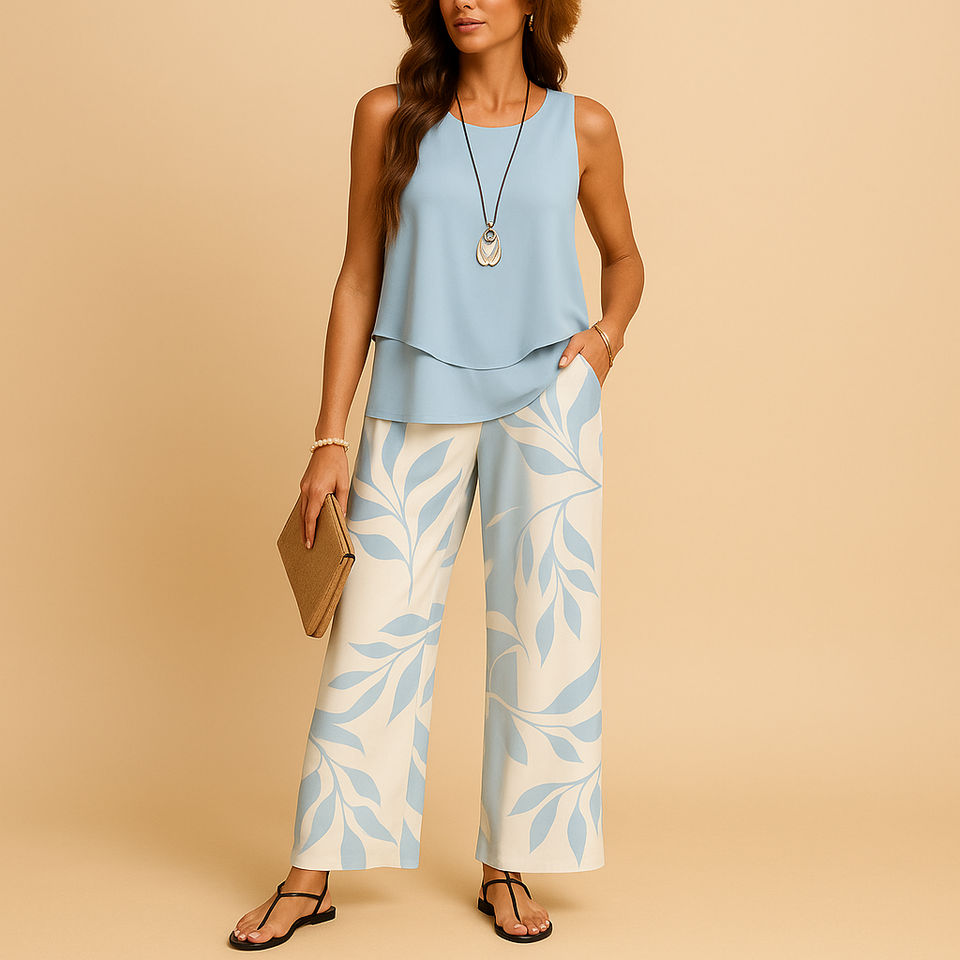 Two-piece summer set with sleeveless top and breezy pants for women.