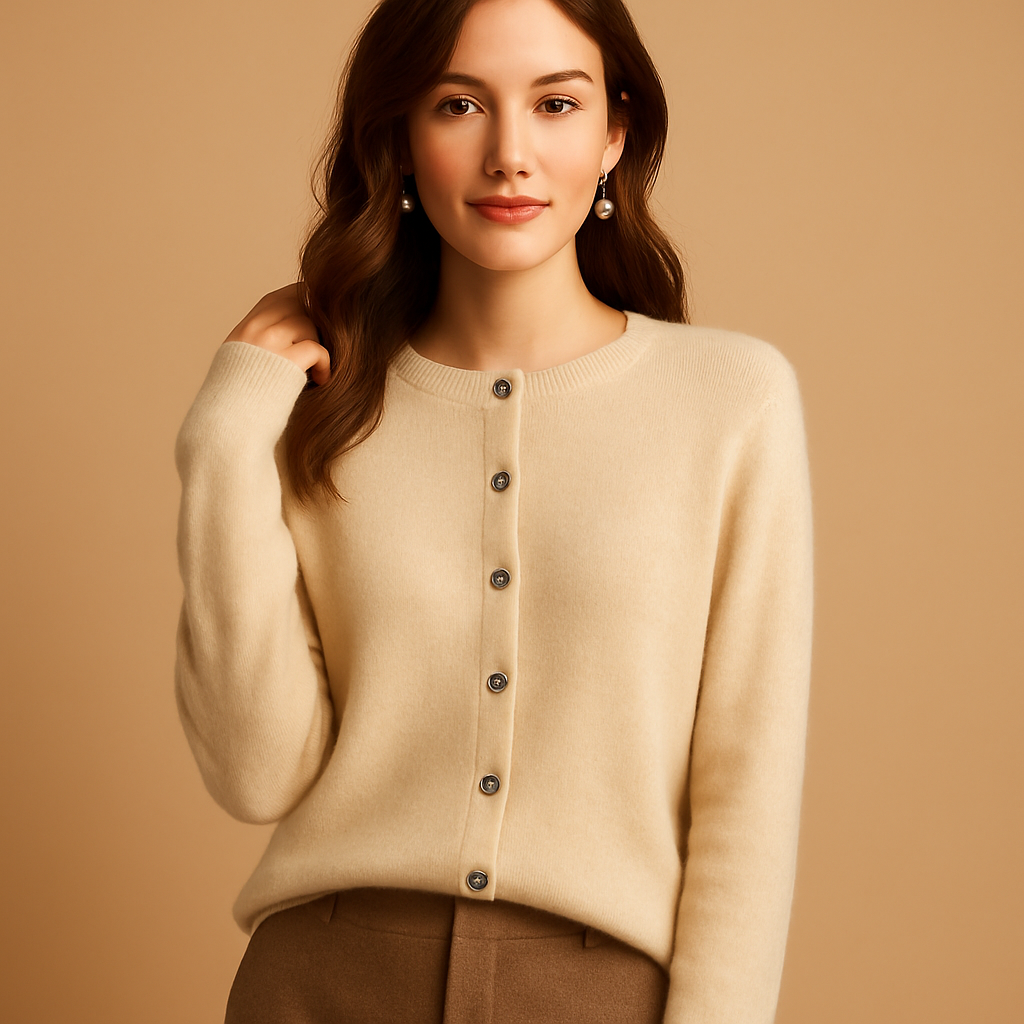 V-neck women's cardigan with buttons and long sleeves.
