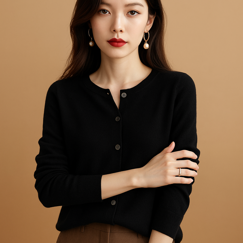 V-neck women's cardigan with buttons and long sleeves.