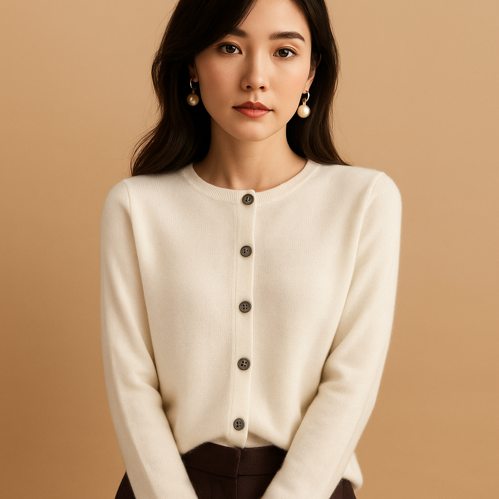 V-neck women's cardigan with buttons and long sleeves.