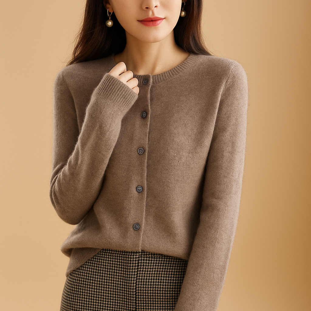 V-neck women's cardigan with buttons and long sleeves.
