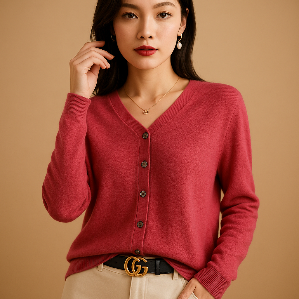 V-neck women's cardigan with buttons and long sleeves.